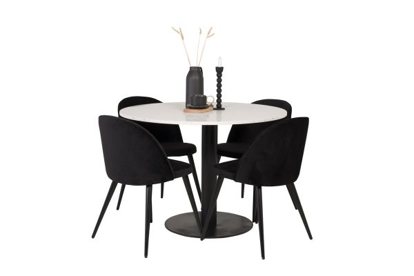 Imagine Masa de dining Razzia 106cm - Terazzo alb / Negru + scaune de dining Matstol - Negru / Catifea neagra_4