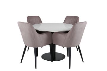 Imagine Masa de dining Razzia de 106 cm - Terazzo alb / Negru + Scaun de dining Comfort - Picioare negre / Cordon de catifea roz prafos _4