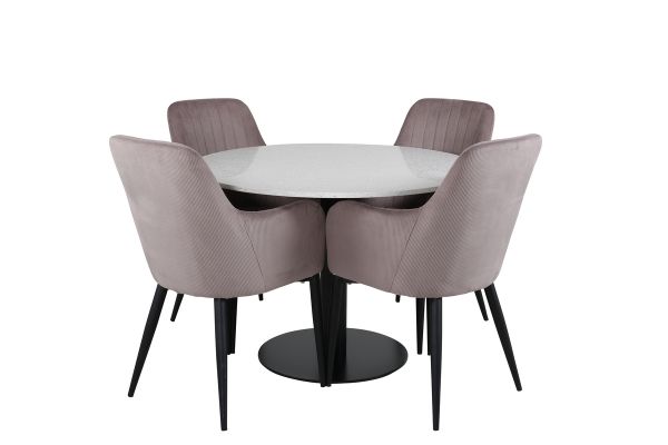 Imagine Masa de dining Razzia de 106 cm - Terazzo alb / Negru + Scaun de dining Comfort - Picioare negre / Cordon de catifea roz prafos _4