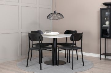 Imagine Masa de dining Razzia 106cm - Terazzo alb / Negru + 4 scaune de dining Polly - Negru / Negru