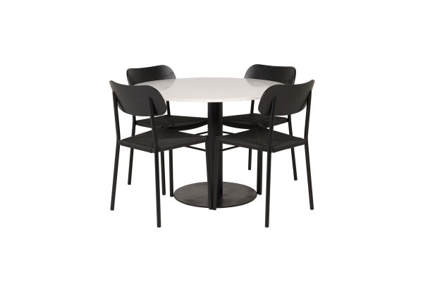 Imagine Masa de dining Razzia 106cm - Terazzo alb / Negru + 4 scaune de dining Polly - Negru / Negru