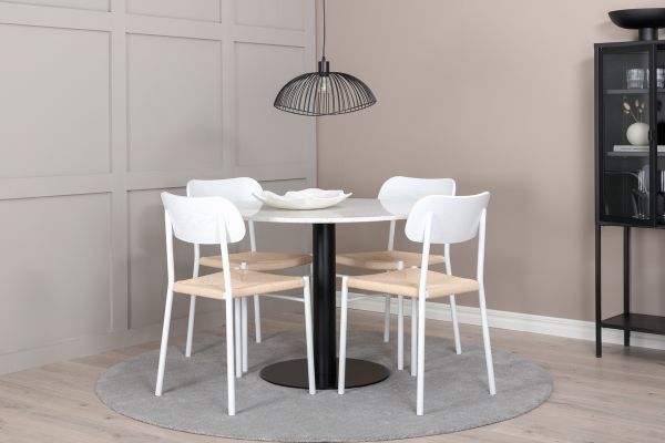 Imagine Masa de dining Razzia de 106cm - Terazzo alb / negru + 4 scaune de dining Polly - alb / natura