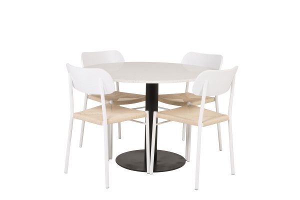 Imagine Masa de dining Razzia de 106cm - Terazzo alb / negru + 4 scaune de dining Polly - alb / natura