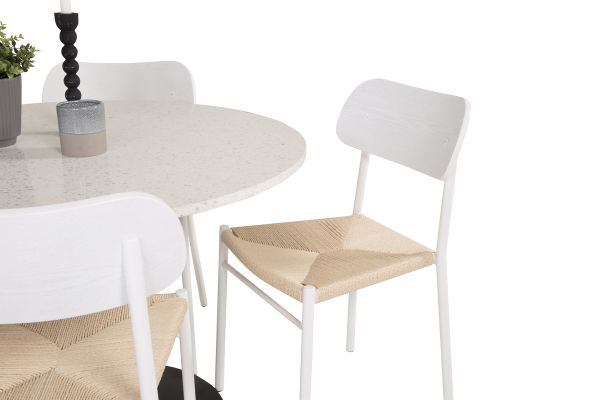 Imagine Masa de dining Razzia de 106cm - Terazzo alb / negru + 4 scaune de dining Polly - alb / natura