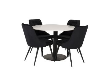 Imagine Masa de dining Razzia 106cm - Terazzo alb / negru - Scaun de dining Velvet Deluxe - picioare negre / catifea neagra 4