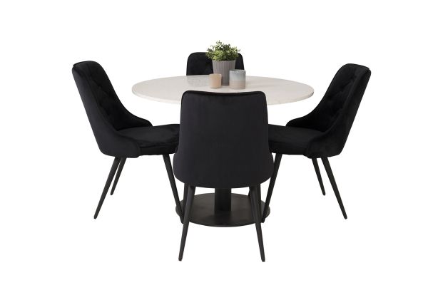 Imagine Masa de dining Razzia 106cm - Terazzo alb / negru - Scaun de dining Velvet Deluxe - picioare negre / catifea neagra 4