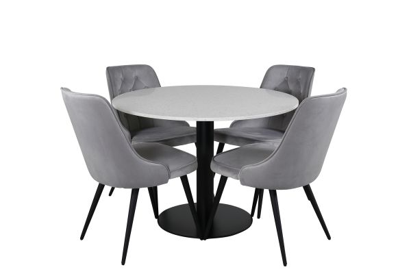 Imagine Masă de dining Razzia 106cm - Terazzo alb / Fotoliu de dining Velvet Deluxe - Picioare negre / Catifea gri deschis_4