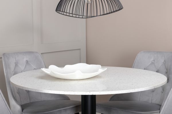 Imagine Masă de dining Razzia 106cm - Terazzo alb / Fotoliu de dining Velvet Deluxe - Picioare negre / Catifea gri deschis_4