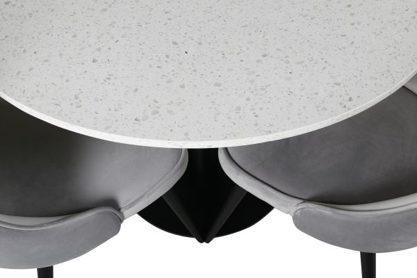 Imagine Masă de dining Razzia 106cm - Terazzo alb / Fotoliu de dining Velvet Deluxe - Picioare negre / Catifea gri deschis_4