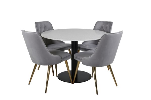 Imagine Masa de dining Razzia 106cm - Terazzo Alb / Scaun de dining Deluxe Velours Negru+Mixt - Picior de alamă periat / Velours Gri Deschis_4