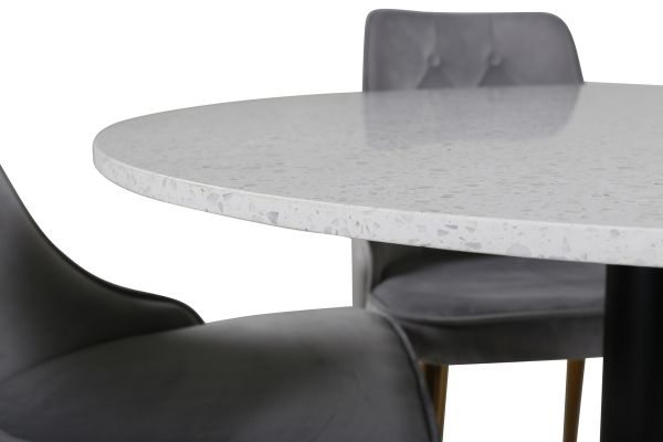 Imagine Masa de dining Razzia 106cm - Terazzo Alb / Scaun de dining Deluxe Velours Negru+Mixt - Picior de alamă periat / Velours Gri Deschis_4