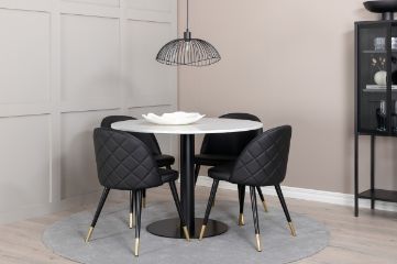 Imagine Masa de dining Razzia 106cm - Terazzo alb / scaun de dining negru+velvet cu brate din alama si cusaturi in spate - Negru / PU _4