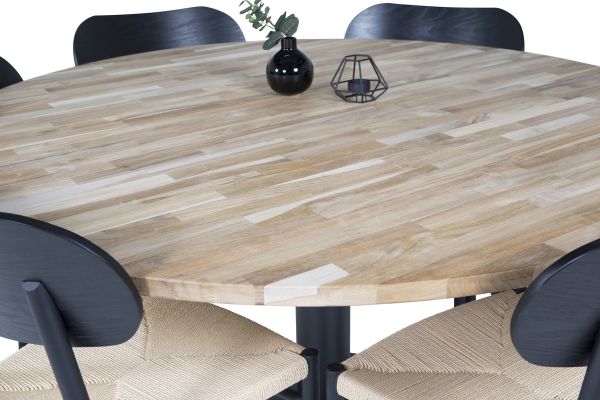 Imagine Masa rotunda Cirebon - 140cm - Teak / Negru + Scaun de masa Polly - Negru / Natură _6