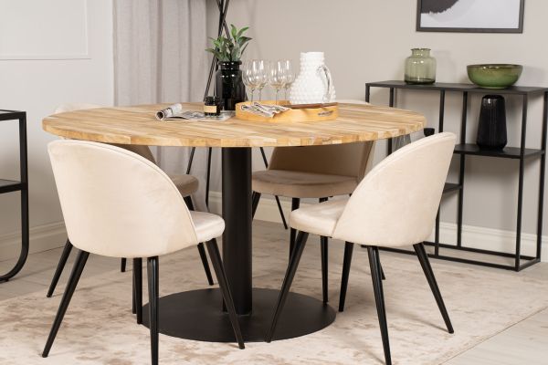 Imagine Masa rotundă Cirebon - 140cm - Teak / Negru + Scaun din catifea - Negru / Cremă _4