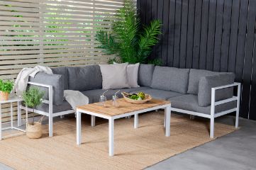 Imagine Partea de colț Copacabana - Aluminiu Alb / Pernă Gri+Masa de cafea pentru sofa Brasilia 60*110*55 - Aluminiu Alb / Teak_1_+Partea de mijloc Copacabana - Aluminiu Alb / Pernă Gri_2