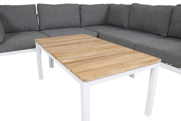 Imagine Partea de colț Copacabana - Aluminiu Alb / Pernă Gri+Masa de cafea pentru sofa Brasilia 60*110*55 - Aluminiu Alb / Teak_1_+Partea de mijloc Copacabana - Aluminiu Alb / Pernă Gri_2