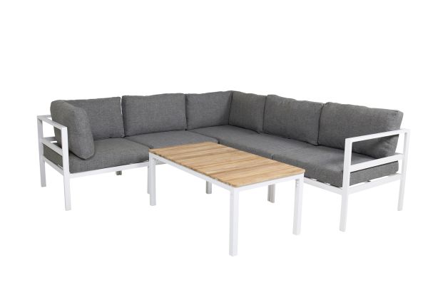 Imagine Partea de colț Copacabana - Aluminiu Alb / Pernă Gri+Masa de cafea pentru sofa Brasilia 60*110*55 - Aluminiu Alb / Teak_1_+Partea de mijloc Copacabana - Aluminiu Alb / Pernă Gri_2