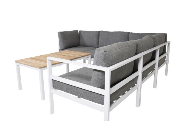 Imagine Partea de colț Copacabana - Aluminiu Alb / Pernă Gri+Masa de cafea pentru sofa Brasilia 60*110*55 - Aluminiu Alb / Teak_1_+Partea de mijloc Copacabana - Aluminiu Alb / Pernă Gri_2