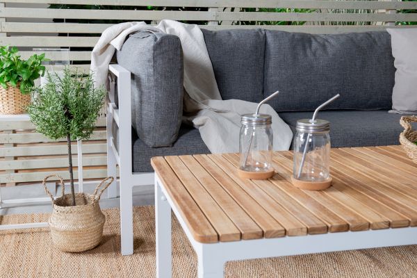 Imagine Partea de colț Copacabana - Aluminiu Alb / Pernă Gri+Masa de cafea pentru sofa Brasilia 60*110*55 - Aluminiu Alb / Teak_1_+Partea de mijloc Copacabana - Aluminiu Alb / Pernă Gri_2