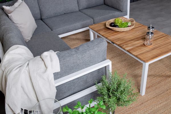 Imagine Partea de colț Copacabana - Aluminiu Alb / Pernă Gri+Masa de cafea pentru sofa Brasilia 60*110*55 - Aluminiu Alb / Teak_1_+Partea de mijloc Copacabana - Aluminiu Alb / Pernă Gri_2