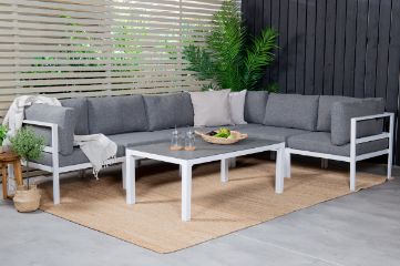 Imagine Colțul Copacabana - Alu Alb / Pernă Gri + Masă de Cafea pentru Sofa Copacabana - Alu Alb / Sprayglass_1 + Partea Centrală Copacabana - Alu Alb / Pernă Gri_3