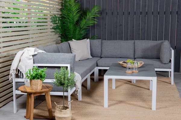 Imagine Colțul Copacabana - Alu Alb / Pernă Gri + Masă de Cafea pentru Sofa Copacabana - Alu Alb / Sprayglass_1 + Partea Centrală Copacabana - Alu Alb / Pernă Gri_3