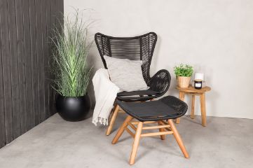 Imagine Tingeling Lounge Chair inc. Stool - Scaun cu șezlong Negru din Sfoară / Acacia + Masă laterală Chania - ø40