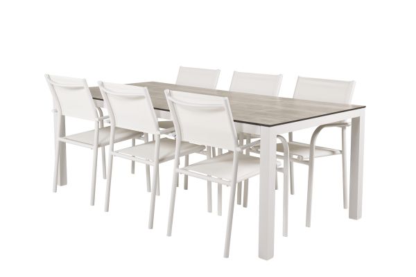 Imagine Masa de dining Llama 205*100 - Alu alb / HPL gri+Scaun cu brate Santorini (Se poate apila)