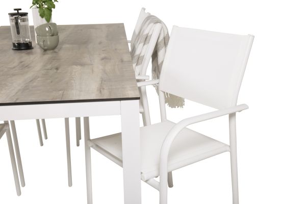 Imagine Masa de dining Llama 205*100 - Alu alb / HPL gri+Scaun cu brate Santorini (Se poate apila)