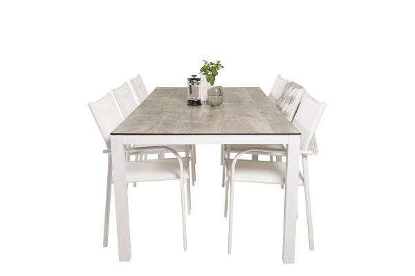 Imagine Masa de dining Llama 205*100 - Alu alb / HPL gri+Scaun cu brate Santorini (Se poate apila)