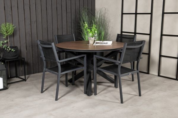 Imagine Masa de dining Llama Rotunda 120 - Alu Negru / HPL Maro - Scaun empilabil Copacabana - Negru/Negru 4