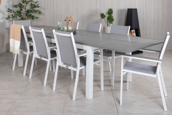 Imagine Masa de dining Albany 224/324*100 - Aluminiu alb / Lemn gri + Scaun de brat Parma (sta