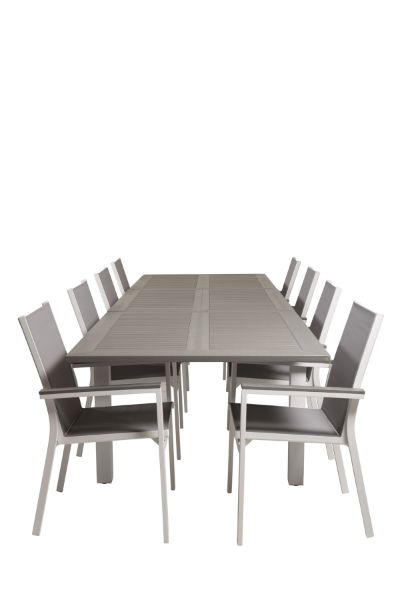 Imagine Masa de dining Albany 224/324*100 - Aluminiu alb / Lemn gri + Scaun de brat Parma (sta