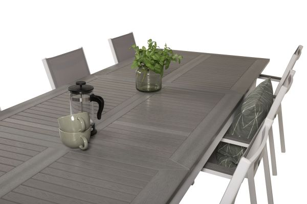 Imagine Masa de dining Albany 224/324*100 - Aluminiu alb / Lemn gri + Scaun de brat Parma (sta