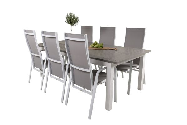 Imagine Albany Dining Table 224/324*100 - White Alu / Grey Aintwood+Copacabana Recliner Chair (stackable) - White Alu / Grey Textilene_6