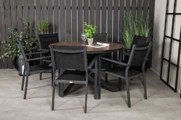 Imagine Masa de Dining rotunda Llama 120 - Alu Negru / HPL Maro - Scaun Stivuitor Copacabana - Negru/Negru 6