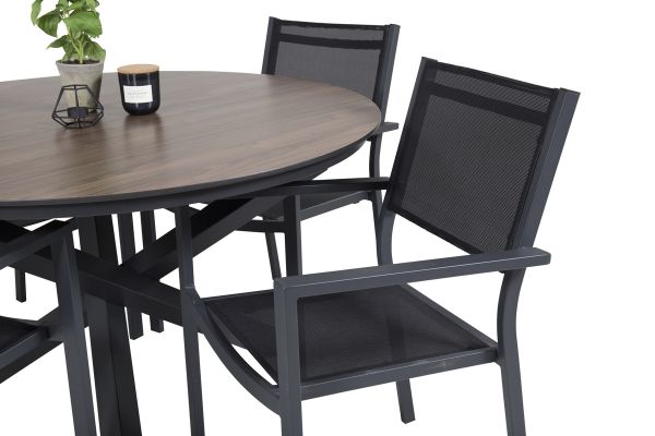 Imagine Masa de Dining rotunda Llama 120 - Alu Negru / HPL Maro - Scaun Stivuitor Copacabana - Negru/Negru 6