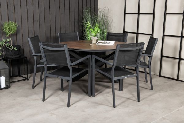 Imagine Masa de Dining rotunda Llama 120 - Alu Negru / HPL Maro - Scaun Stivuitor Copacabana - Negru/Negru 6