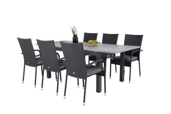 Imagine Masa de dining Albany 152/210*90 - Aluminiu negru / Aintwood gri + Scaun cu brate Anna (empilabil) - Negru_6