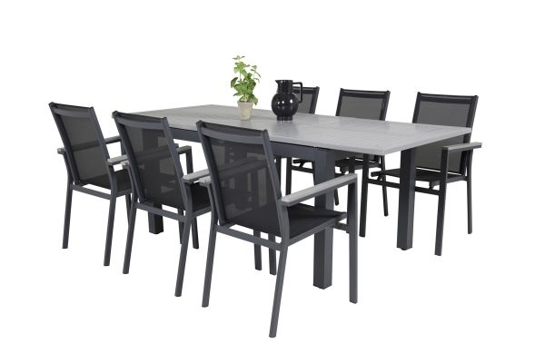 Imagine Masa de dining Albany 152/210*90 - Aluminiu negru / Aintwood gri + scaun cu brate Parma (stac