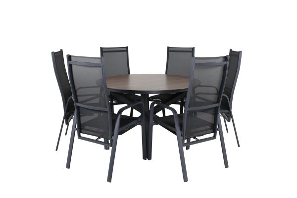 Imagine Masa de dining rotunda Llama 120 - Aluminiu negru / HPL maro - Scaun de relaxare Copacabana - Negru / Negru 6