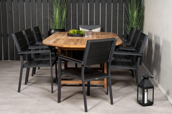 Imagine Vă rugăm să traduceți complet Masa de dining ovală Kenya 180/240*120*H75 -Teak+Scaun Înălțime ajustabilă (stivuibil) - Negru A