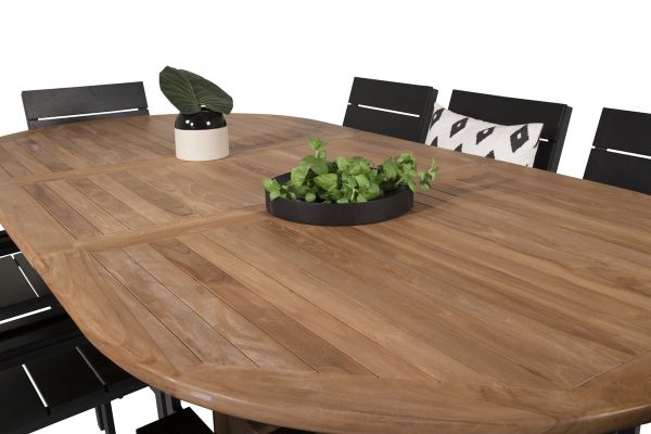 Imagine Vă rugăm să traduceți complet Masa de dining ovală Kenya 180/240*120*H75 -Teak+Scaun Înălțime ajustabilă (stivuibil) - Negru A