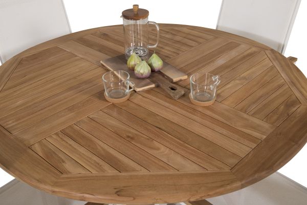 Imagine Vă rog să traduceți complet Tabelul de dining din runda Kenya ø120cm - Teak+Scaunul de dining Texas (stivuibil) - Alb / Ceai