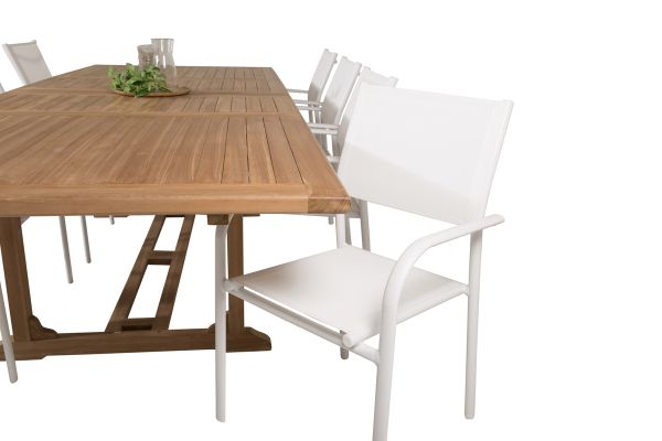 Imagine Masa de Dining Kenya 195/295*110*H75 - Teak + Scaun Santorini (Empilabil) - Alb