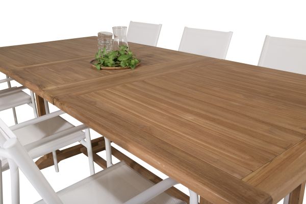 Imagine Masa de dining Kenya 195/295*110*H75 - Teak+Scaun cu Brate Santorini (Se poate stivui) - Alb