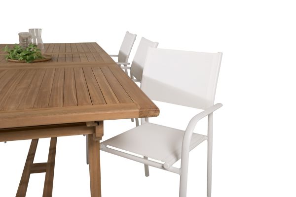 Imagine Masa de dining Kenya 195/295*110*H75 - Teak+Scaun cu Brate Santorini (Se poate stivui) - Alb