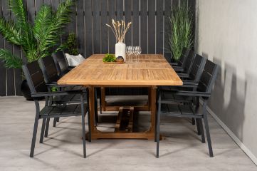 Imagine Masa de dining Kenya 195/295*110*H75 - Teak + Scaun Levels (stivuibil) - Aluminiu negru /