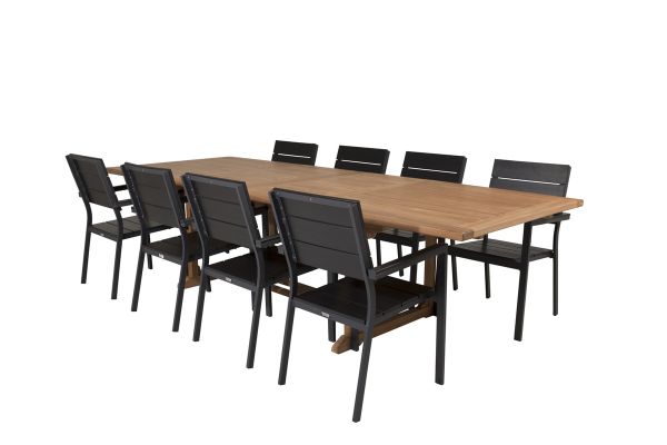 Imagine Masa de dining Kenya 195/295*110*H75 - Teak + Scaun Levels (stivuibil) - Aluminiu negru /