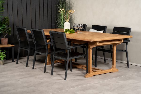 Imagine Masa de dining Kenya 195/295*110*H75 - Teak+Scaun Levels (empilabil) - Alu Negru